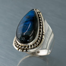 Load image into Gallery viewer, Tear Drop Labradorite Ring, 925 Sterling Silver.