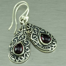 Load image into Gallery viewer, Sterling silver filigree earrings set with teardop garnets