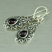 Load image into Gallery viewer, Sterling silver filigree earrings set with teardop garnets
