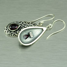 Load image into Gallery viewer, Sterling silver filigree earrings set with teardop garnets