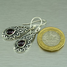 Load image into Gallery viewer, Sterling silver filigree earrings set with teardop garnets