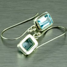 Cargar imagen en el visor de la galería, Small blue topaz, emerald cut silver earrings.