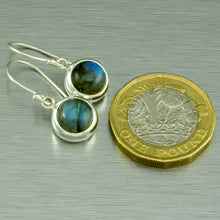 Load image into Gallery viewer, Small round labradorite dangly earrings.