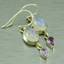 Load image into Gallery viewer, Small drop moonstone and amethyst silver earrings