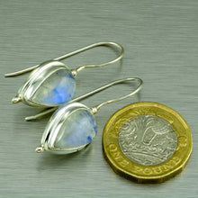Load image into Gallery viewer, Pear shape large rainbow moonstone silver earring