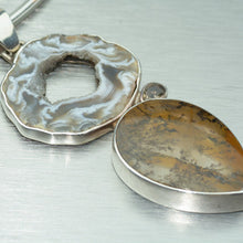 Load image into Gallery viewer, Large agate slice and dentritic agate silver pendant with tiny smokey quartz feature stone.