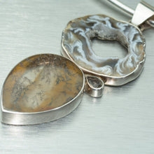 Load image into Gallery viewer, Large agate slice and dentritic agate silver pendant with tiny smokey quartz feature stone.