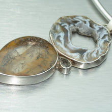 Load image into Gallery viewer, Large agate slice and dentritic agate silver pendant with tiny smokey quartz feature stone.