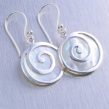Load image into Gallery viewer, Mother of Pearl earrings overlaid with a sterling silver spiral