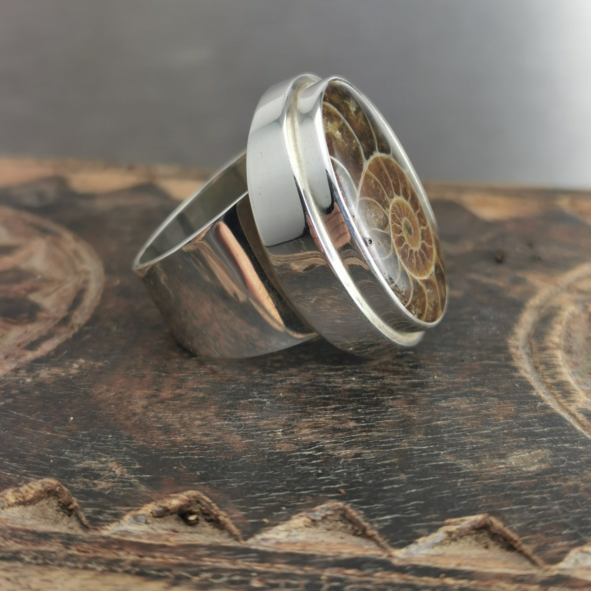 Unisex Sterling Silver Ammonite Fossil Ring