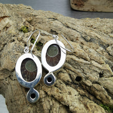 Load image into Gallery viewer, Ammonite fossil and garnet dangly earrings in sterling silver