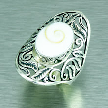 Load image into Gallery viewer, Long shiva shell silver ring with open filigree setting.