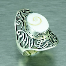 Load image into Gallery viewer, Long shiva shell silver ring with open filigree setting.