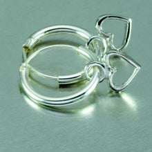 Load image into Gallery viewer, Small silver hoop earrings with tiny dangly heart.
