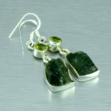 Load image into Gallery viewer, Moldavite and Peridot sterling silver earrings