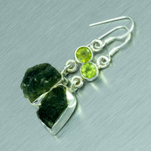 Load image into Gallery viewer, Moldavite and Peridot sterling silver earrings