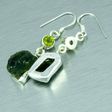 Load image into Gallery viewer, Moldavite and Peridot sterling silver earrings