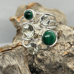 Green Amethyst and Malachite Mulltistone Ring, 925 Sterling Silver