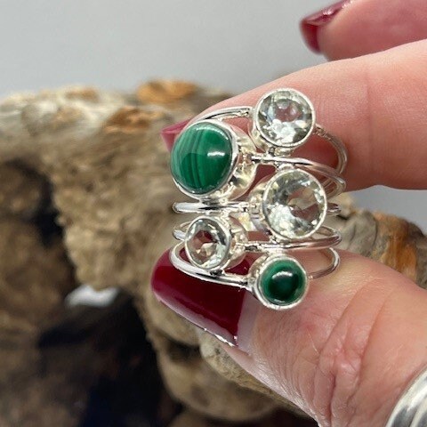 Green Amethyst and Malachite Mulltistone Ring, 925 Sterling Silver