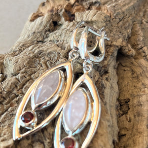 Rose Quartz and Garnet Earrings, Omega Hooks