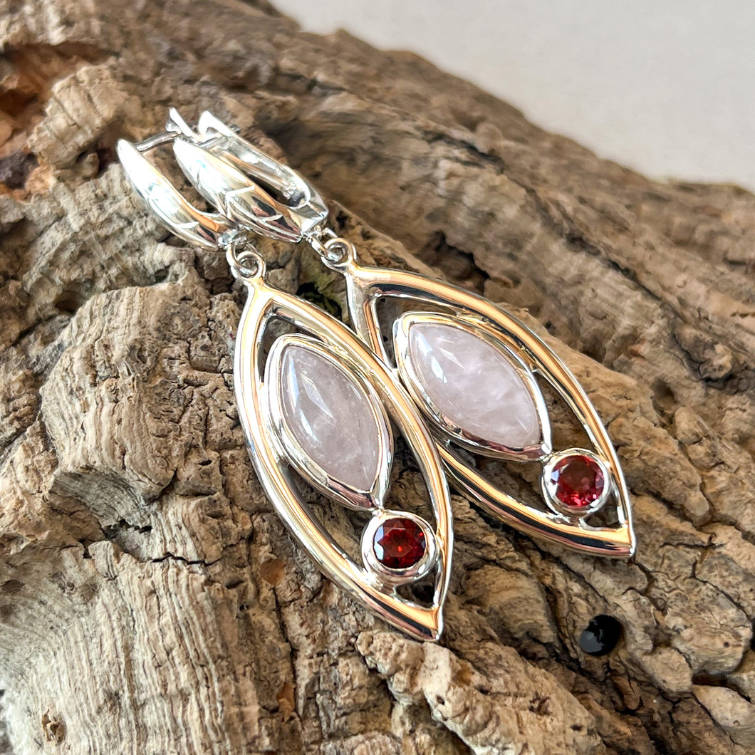 Rose Quartz and Garnet Earrings, Omega Hooks