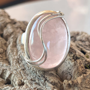 Large oval, rose quartz wire wrapped silver ring