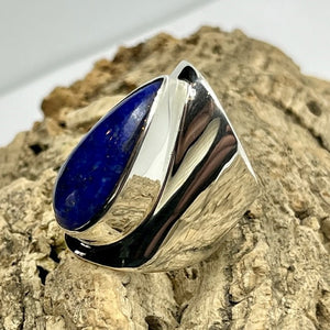 Long Teardrop Lapiz Lazuli Ring, Unisex, 925 Sterling Silver