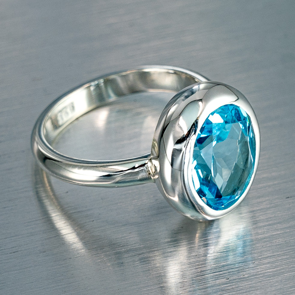 Large Oval Blue Topaz Ring, 925 Sterling Silver