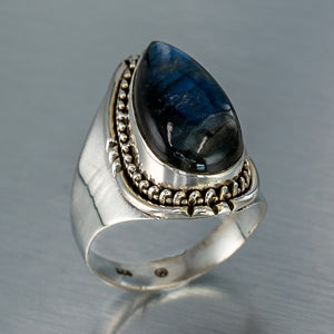 Tear Drop Labradorite Ring, 925 Sterling Silver.