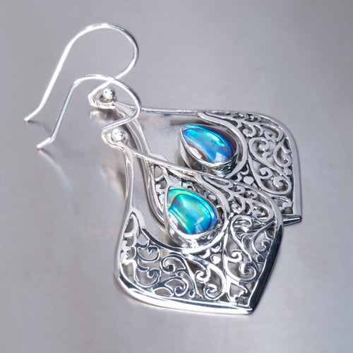 Large Paua Shell Filigree Earrings, 925 Sterling Silver