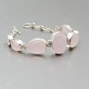 Large Multistone Rose Quartz Bracelet, 925 Sterling Silver