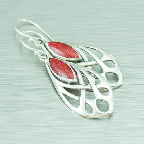 Red Coral Arte- Deco Drop Earrings, 925 Sterling Silver