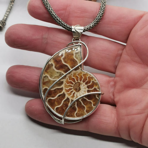Large Wire Wrap Ammonite Fossil Pendant, 925 Sterling Silver