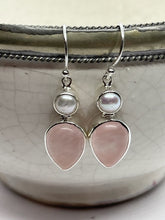 Load image into Gallery viewer, Large Rose Quartz And Pearl Earrings, Omega hooks.