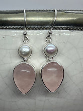 Load image into Gallery viewer, Large Rose Quartz And Pearl Earrings, Omega hooks.