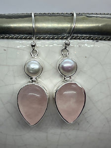 Large Rose Quartz And Pearl Earrings, Omega hooks.