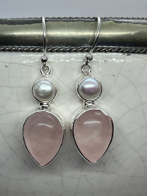 Large Rose Quartz And Pearl Earrings, Omega hooks.