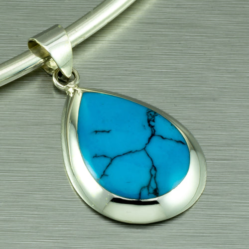 Dark turquoise shell inlay silver teardrop pendant