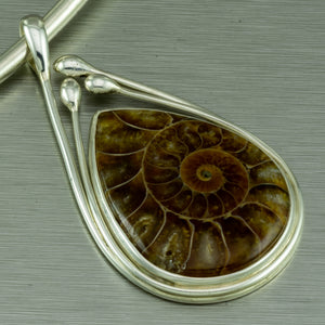 Teardrop polished ammonite sterling silver pendant.