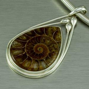 Teardrop polished ammonite sterling silver pendant