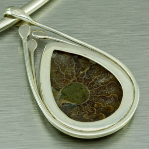Teardrop polished ammonite sterling silver pendant