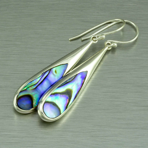 Long abalone inlay silver earrings