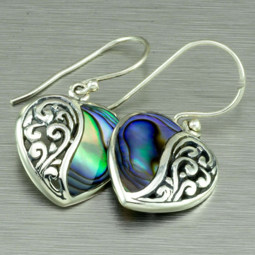 Abalone heart shaped filigree silver earrings