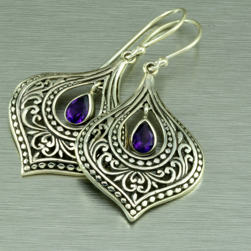 Sterling silver Balinese Amethyst earrings.