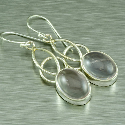 Long Rose Quartz silver earrings
