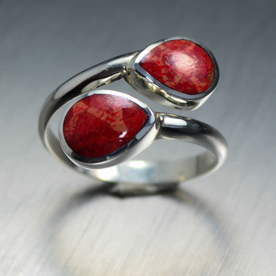 Coral 'Two-drop'  Sterling Silver Ring - Gemstonz Silver