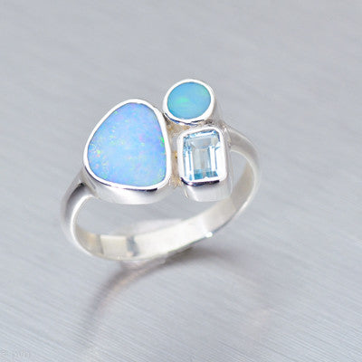 Small blue topaz and opal cluster ring - Gemstonz Silver