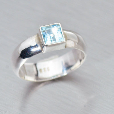 Small square blue topaz silver ring.