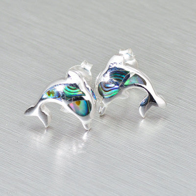 Dolphin stud earrings - available in 6 different shell inlays - Gemstonz Silver