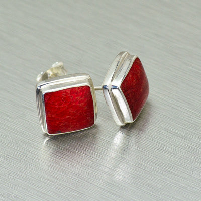 Square coral sterling silver stud earrings